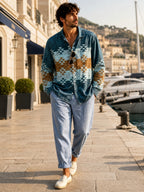 Men's Vintage Geometric Random Print Long-Sleeve Shirt, Classic Lapel Button-Up Casual Top, Vintage Aztec Style Regular Fit Fashion Shirt, Suitable for Vacations, Travel, Beach, Parties, and Daily Wear, Can Be Used as a Holiday Gift, Birthday Gift - Mixed colors