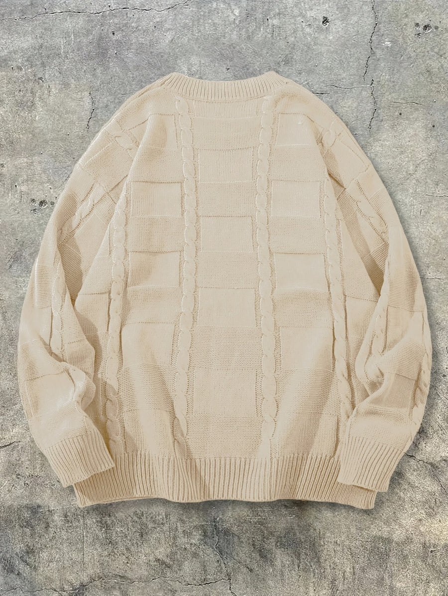 Autumn Winter Men'S New Casual Loose Easy Checkered Twisted Rope Pattern Vintage American Commute All-Match Knit Long Sleeve Round Neck Pullover Top - Apricot