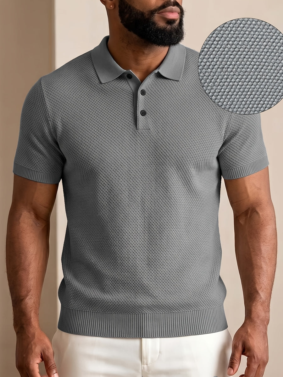 Men's Mature Business Style Knit Polo Shirt, 100% Pure Fabric, Breathable and Skin-friendly. Honeycomb Texture Jacquard Design, Simple Solid Color, Paired with a Three-button Lapel Collar, Clean Cut for a Flattering Fit. Suitable for Summer Commuting - Medium Gray