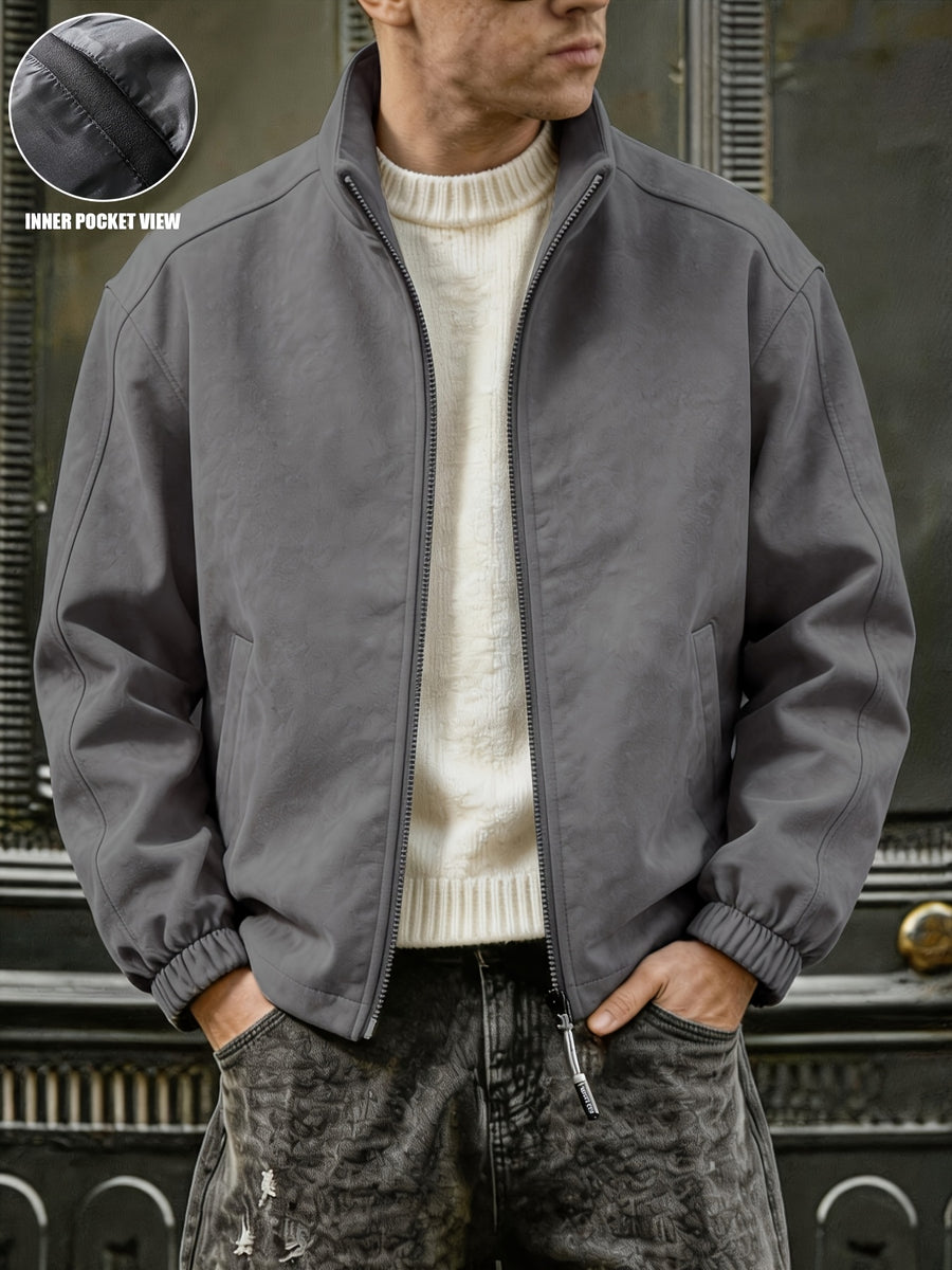 Men's Solid Color Stand Collar Zipper Jacket, New Spring/Autumn Simple Casual Workwear Outerwear, Loose-Fitting Versatile Fashion Top with Inner Pockets, Elastic Cuffs and Hem, Men's Daily Commuter Jacket - Dark Gray