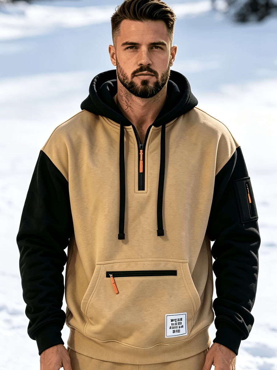 Men'S Fashion Color-Block Pullover Sweatshirt Jacket, Men'S Casual Zipper-Decorated Half-Open Cardigan Sweatshirt Top - Khaki