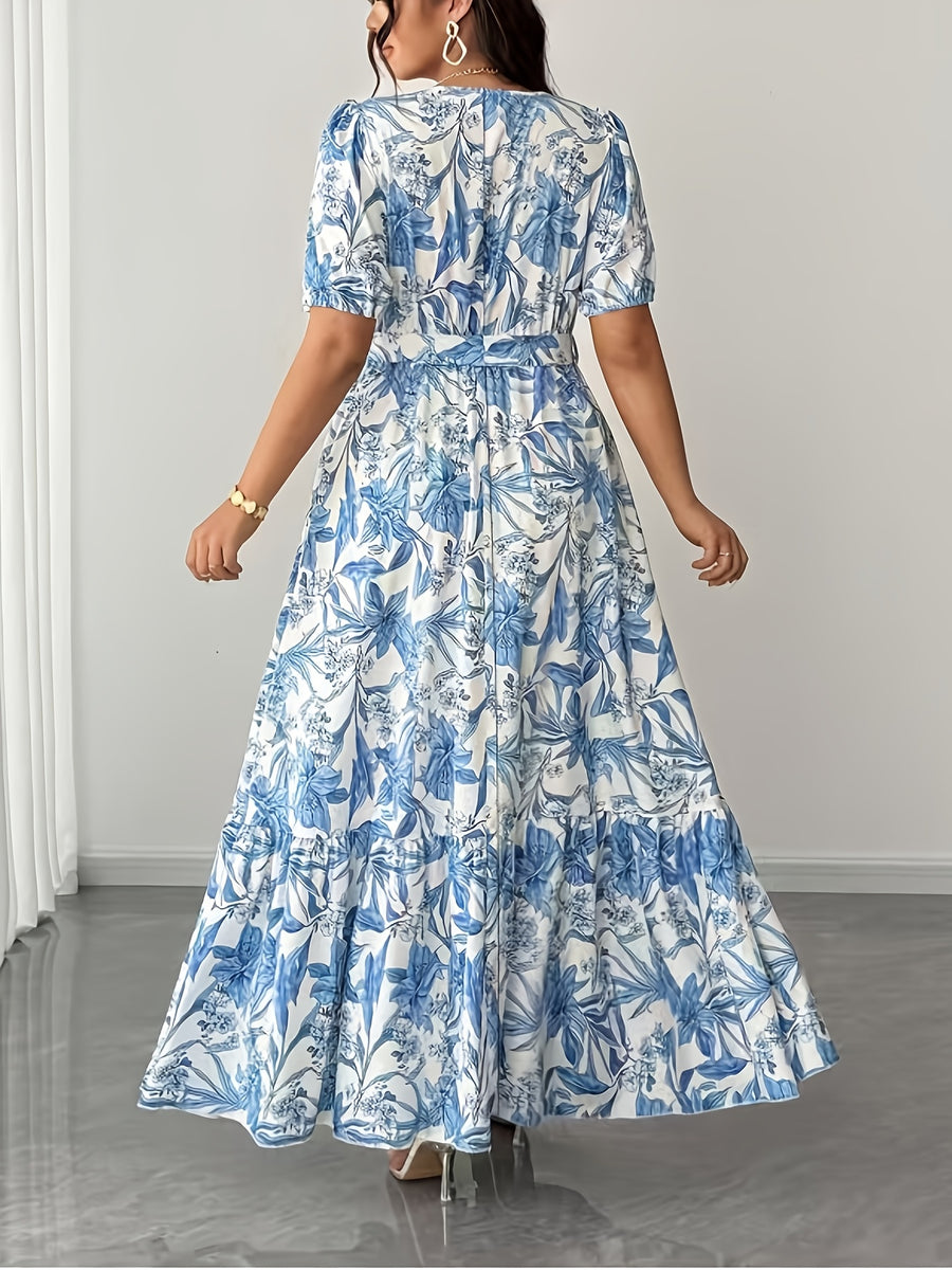 Plus Size - Elegant V-Neck Printed Tie Short-Sleeved Flared Long Dress, Fashionable Design, Plus-Size Long Dress for Spring, Summer And Autumn, Plus-Size Vacation Dress - Milky