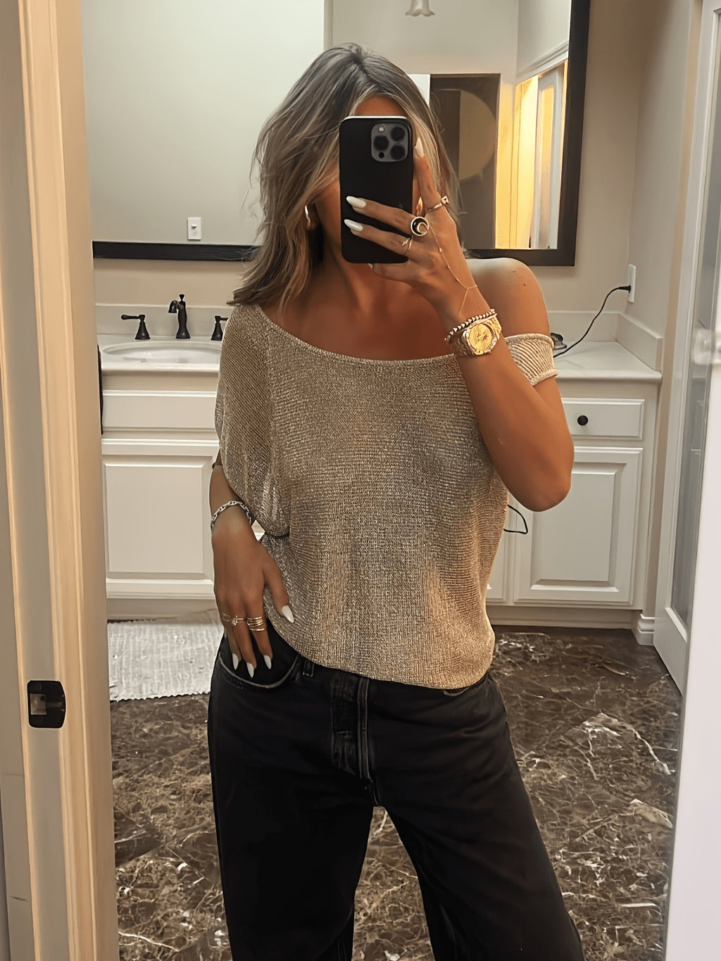 European and American Style Shimmering Sheer Top for Women: Tulle Off-Shoulder Short Sleeve Shirt, Summer Shimmering Top, Gavin - Khaki