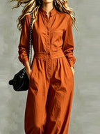 2026 Stand-Up Collar Waist-Cinching Jumpsuit Women'S Contrast Stitching Wide-Leg Cargo Casual Long Trousers - Orange-Red