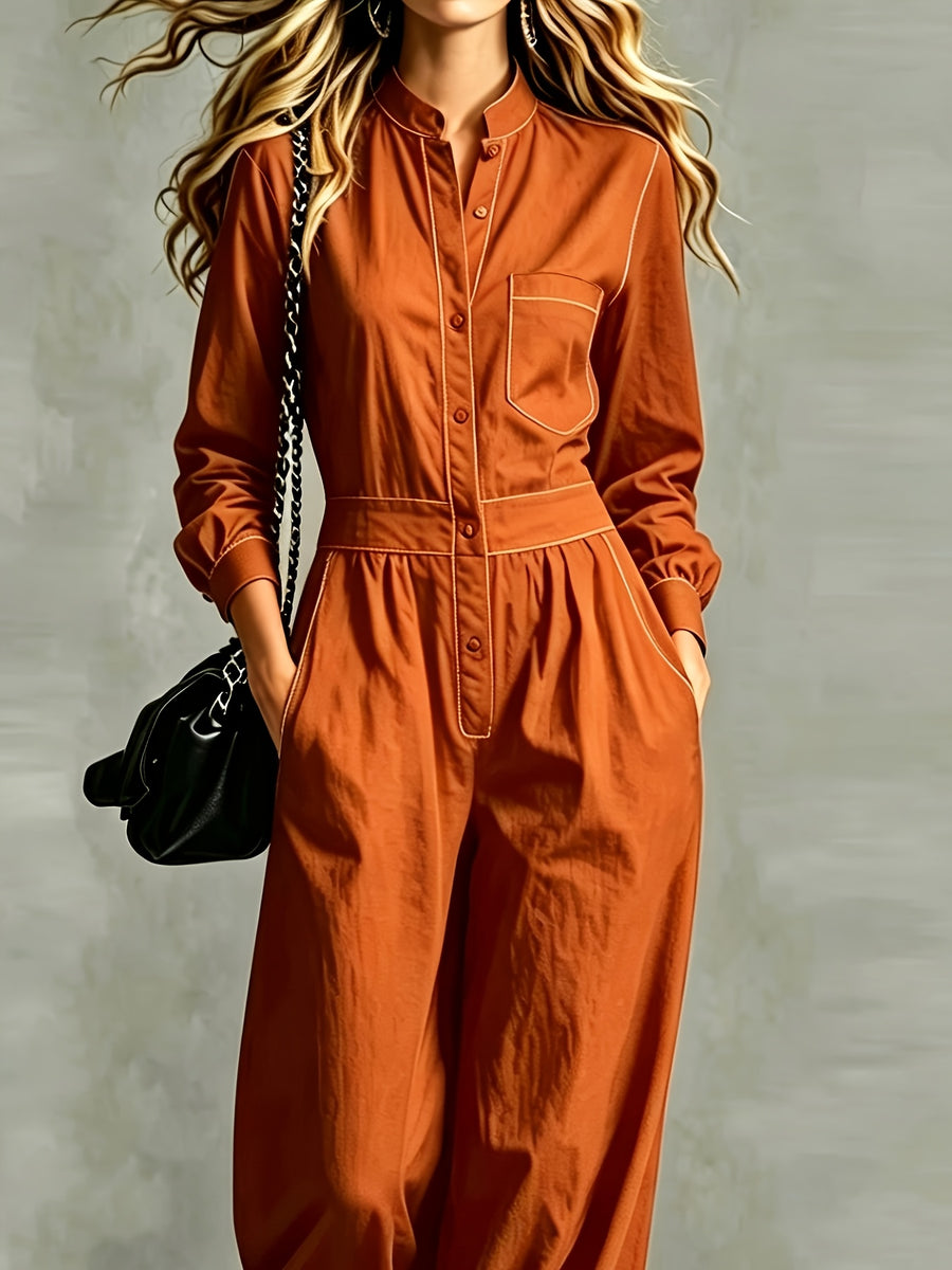 2026 Stand-Up Collar Waist-Cinching Jumpsuit Women'S Contrast Stitching Wide-Leg Cargo Casual Long Trousers - Orange-Red
