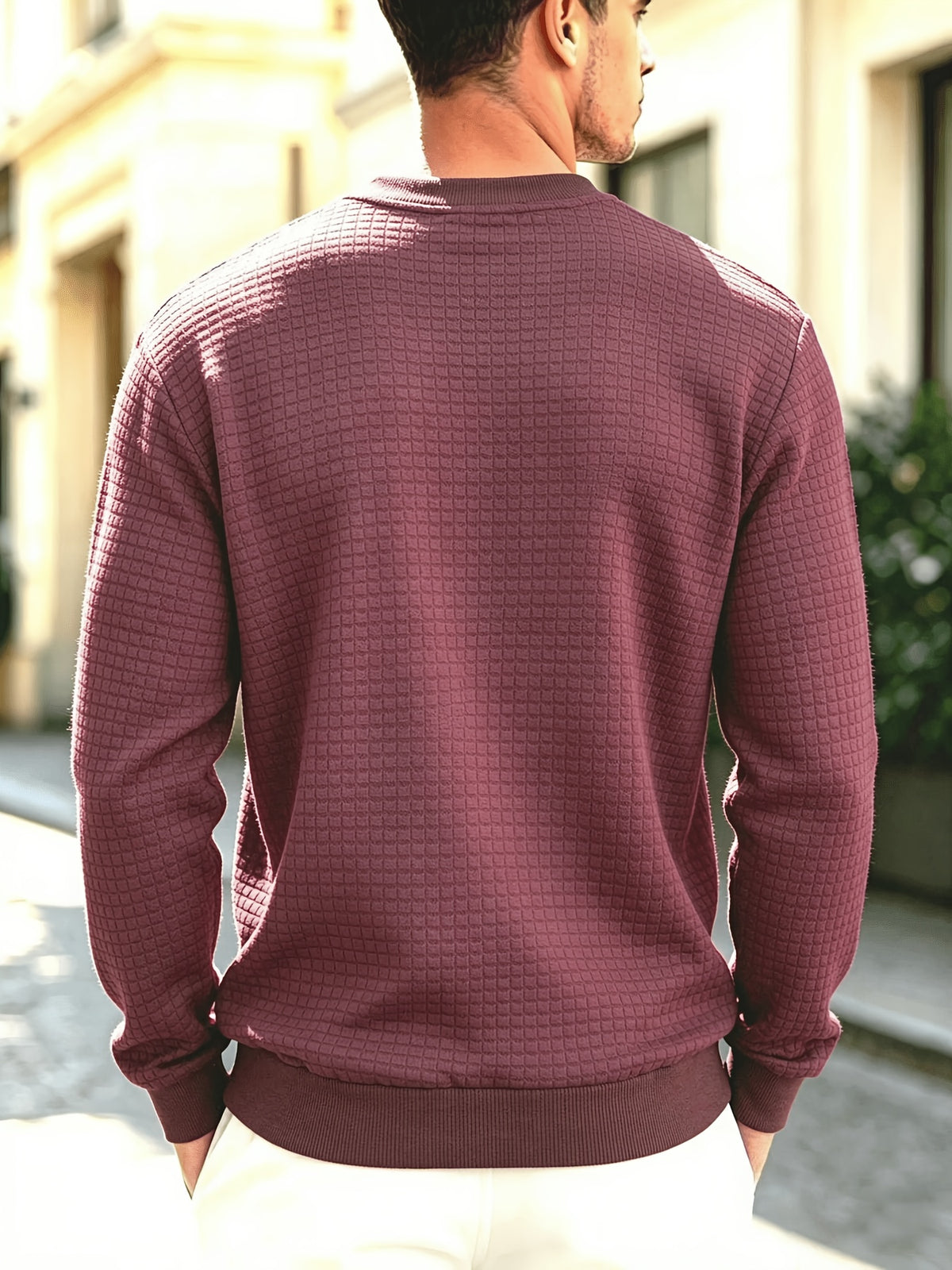 Men'S Knit Round Neck Solid Small Checkered Pullover Sweatshirt, Casual Easy Fashion Trendy Square Premium Men'S Clothing - Fuchsia