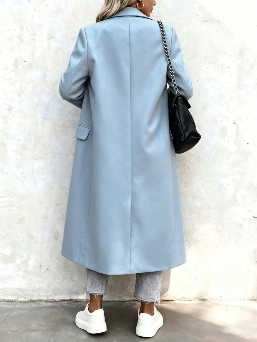 Over-The-Knee Long Premium Design Style Long Sleeve Trench Coat Women'S New Suit Collar Double-Breasted Casual Coat Jacket - Sky Blue