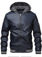 2026 New Best Choice 1pc Men'S Faux Leather Solid Color Hooded Lining Fleece Faux Leather Jacket Metal Zipper Multi-Pocket Design Casual Light Business Style Fall Slim Commute Daily Coat - Blue