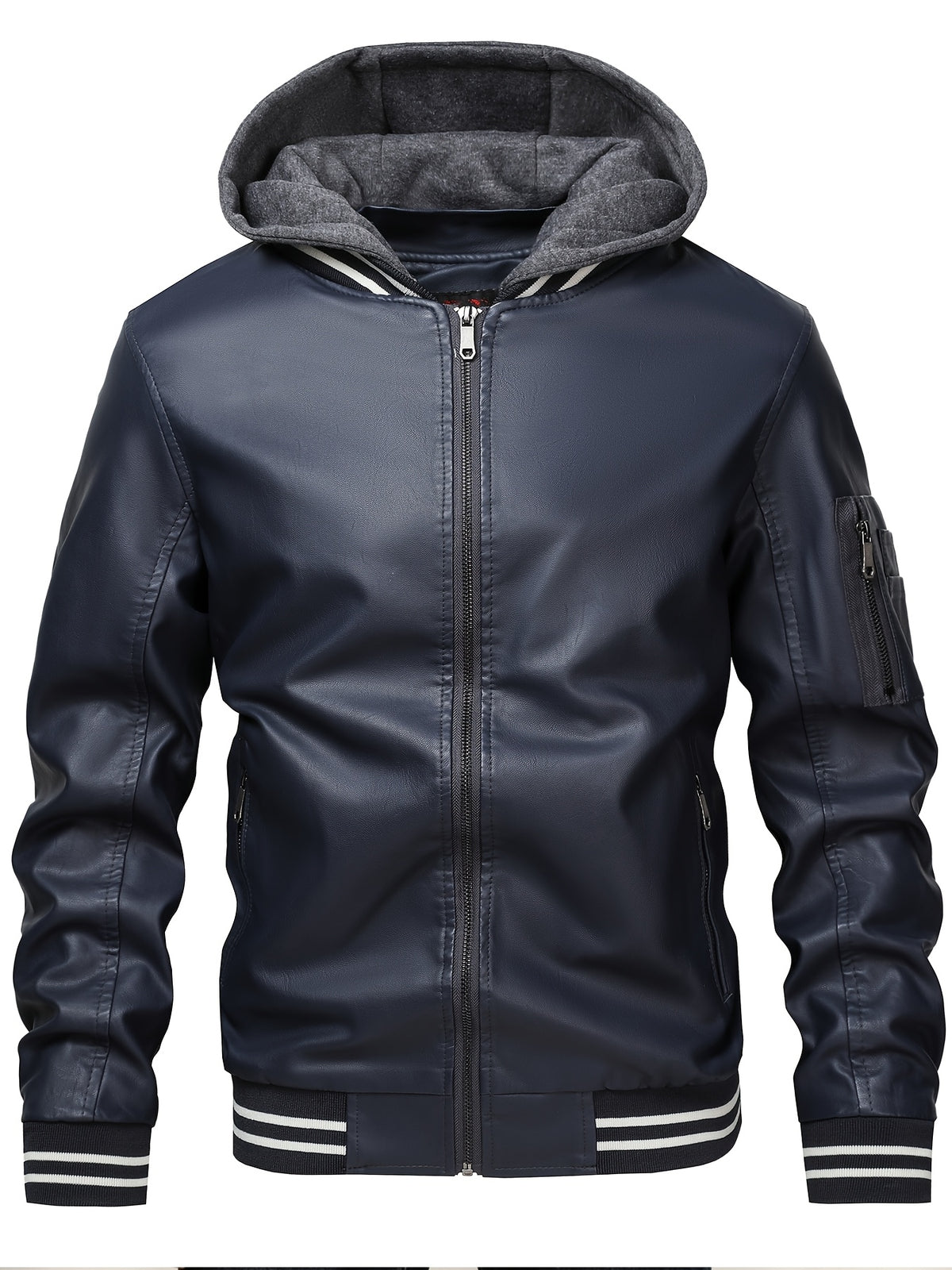 2026 New Best Choice 1pc Men'S Faux Leather Solid Color Hooded Lining Fleece Faux Leather Jacket Metal Zipper Multi-Pocket Design Casual Light Business Style Fall Slim Commute Daily Coat - Blue