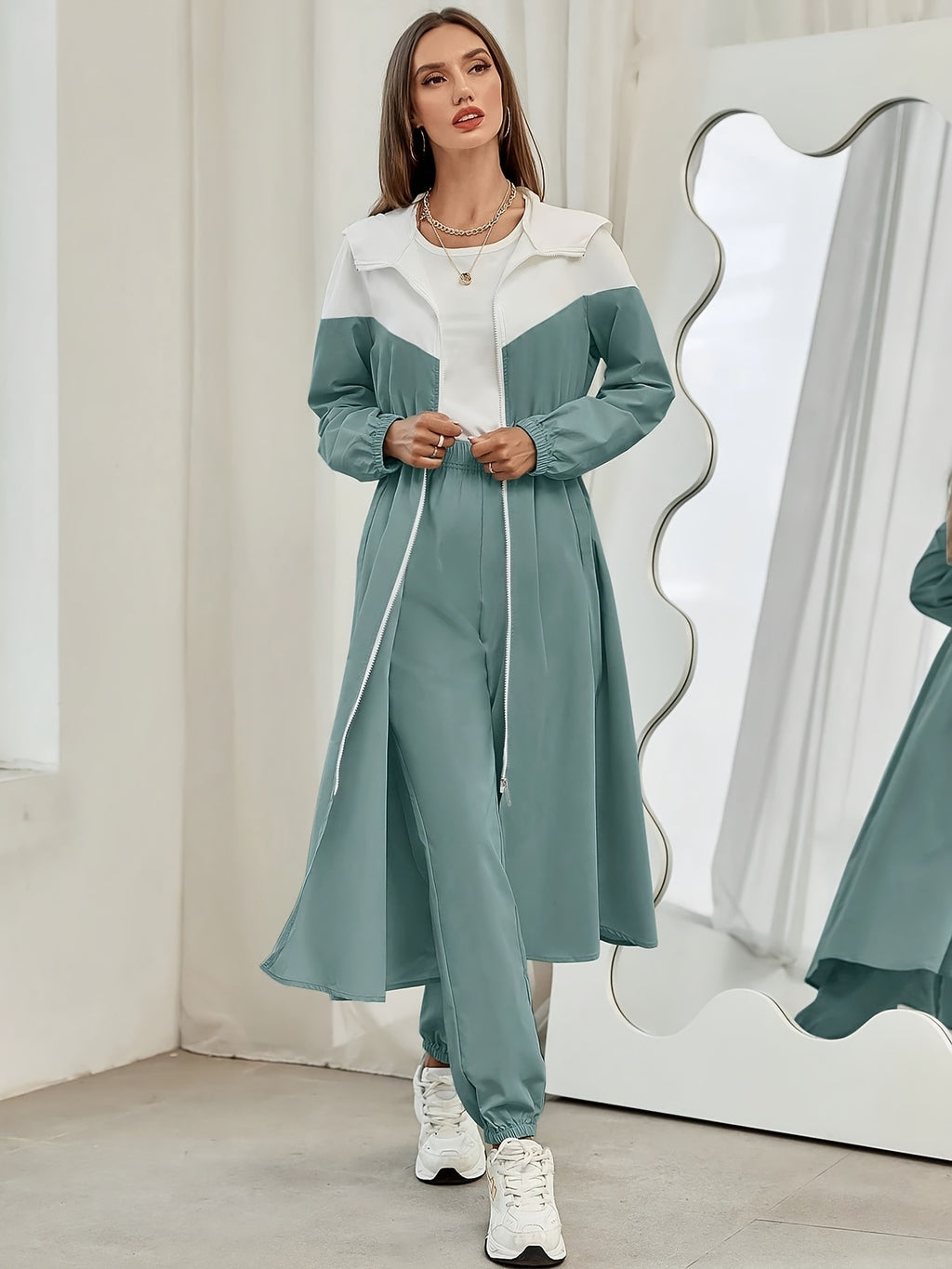 WY260622044 Autumn Women'S Color-Block Hooded Jacket And Pants Set 2pcs Set - Mint Green