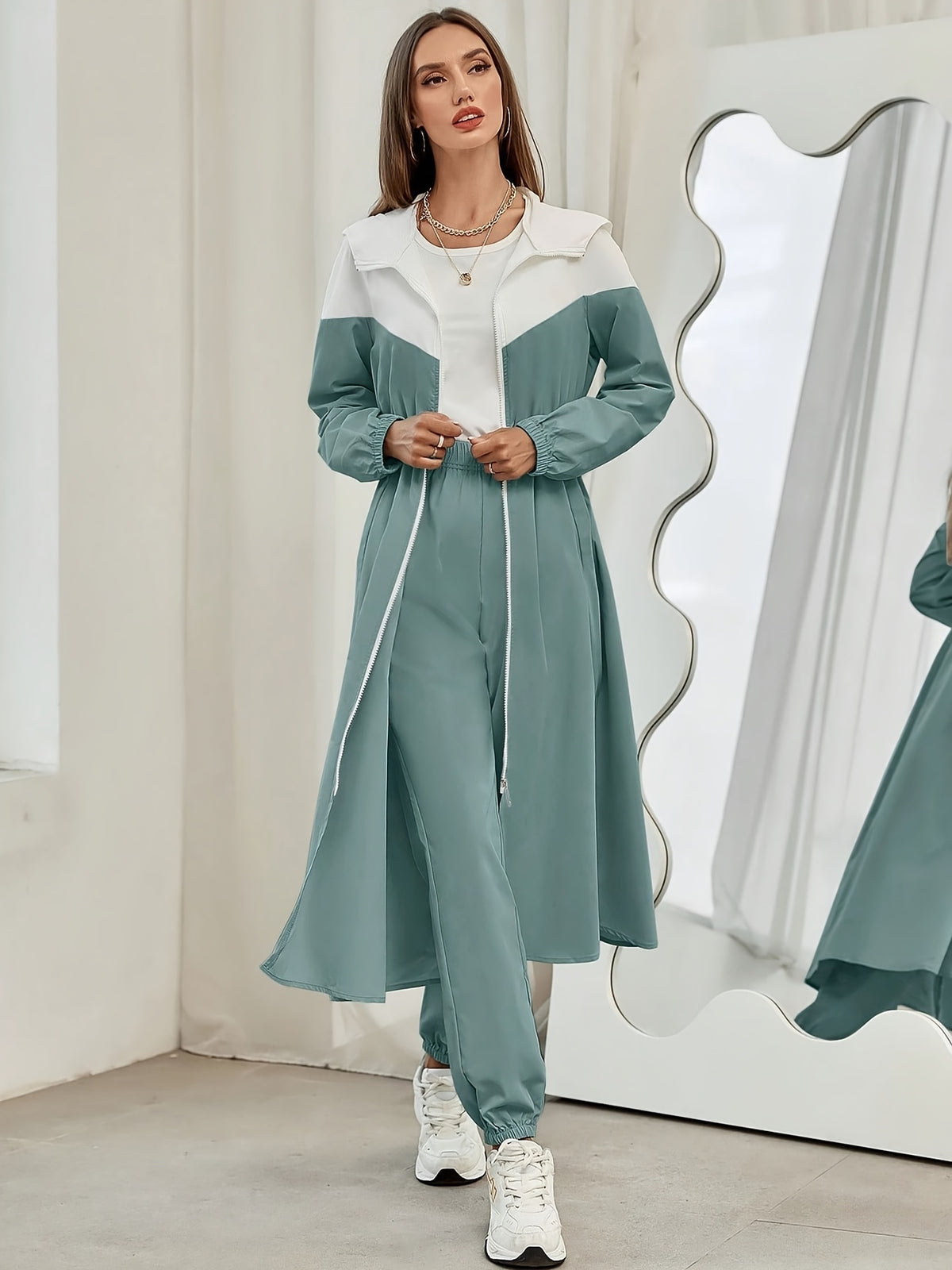 WY260622044 Autumn Women'S Color-Block Hooded Jacket And Pants Set 2pcs Set - Mint Green