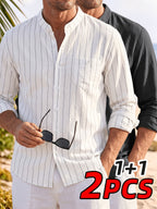 2pcs Men's Casual Linen Striped Henley Shirts, Breathable and Lightweight Full-Open Placket, Long Sleeves with Pockets, Suitable for Summer and Autumn Outdoor Leisure and Beach Vacation Occasions - White+black