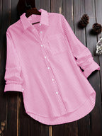 Women'S Autumn Casual Vintage Commute Long Sleeve Checkered Striped Shirt - Pale Pinkish Gray