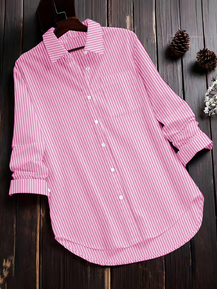 Women'S Autumn Casual Vintage Commute Long Sleeve Checkered Striped Shirt - Pale Pinkish Gray