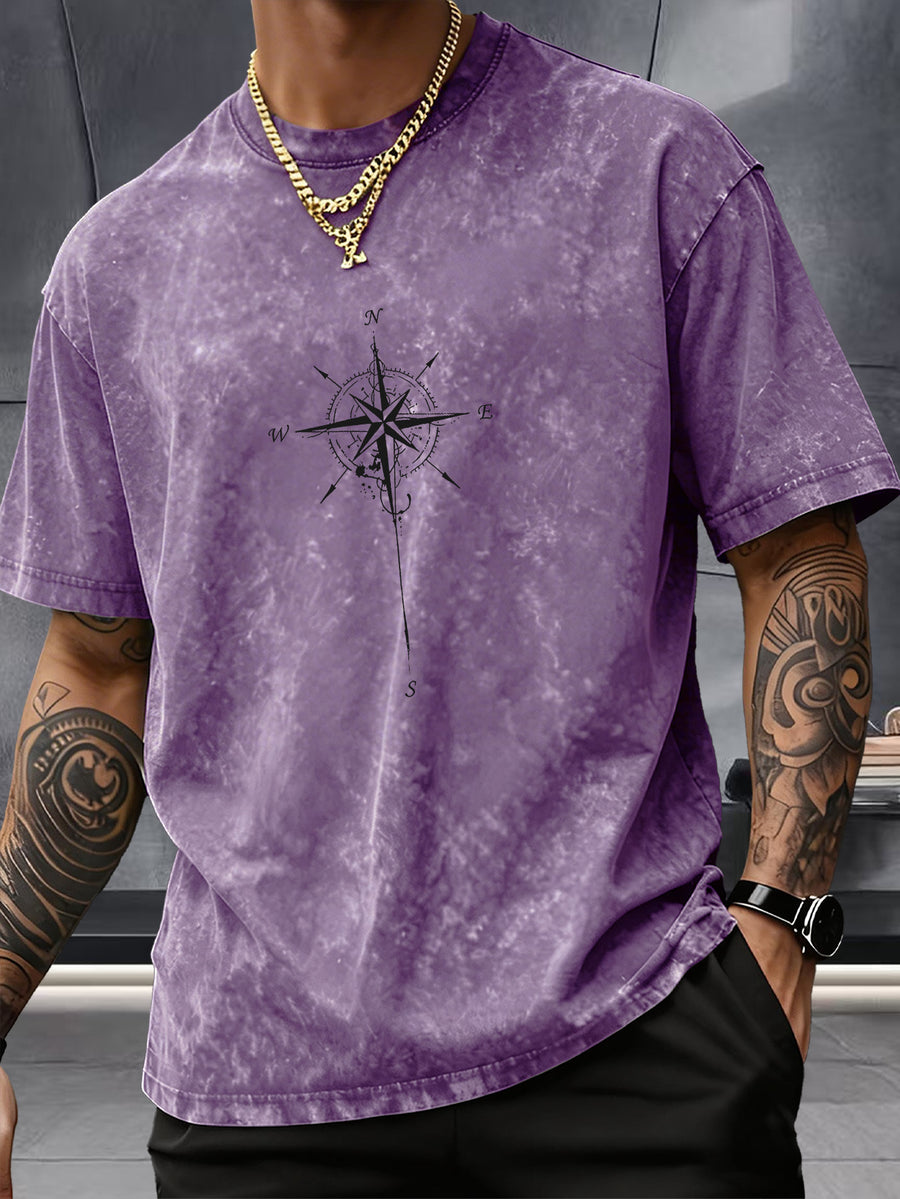Men's Washed Distressed Pure Cotton Loose Fit Drop Shoulder T-Shirt with Vintage Compass and Anchor Line Graphic Print on Front and Back, Versatile American Streetwear High Street Hip-Hop Style, Couple's Matching Outfit for Streetwear, Daily Outings - Purple
