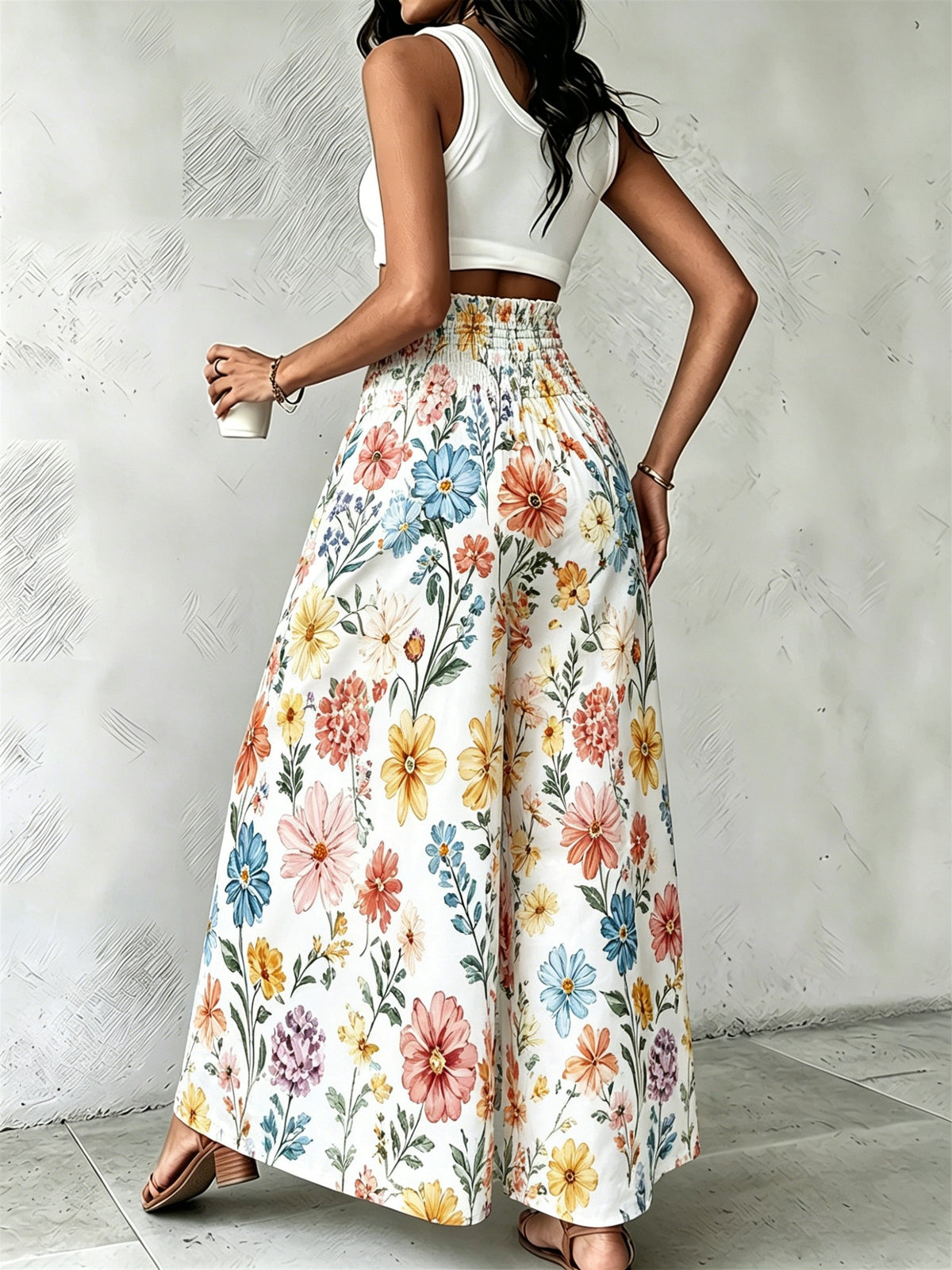 Women'S Floral Print Wide-Leg Pants High-Waist Ruched Waist Bohemian Style Long Trousers Flowy Vacation Pants - Multicolor 5