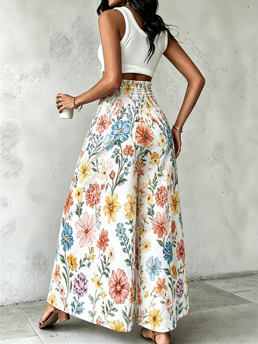 Women'S Floral Print Wide-Leg Pants High-Waist Ruched Waist Bohemian Style Long Trousers Flowy Vacation Pants - Multicolor 5