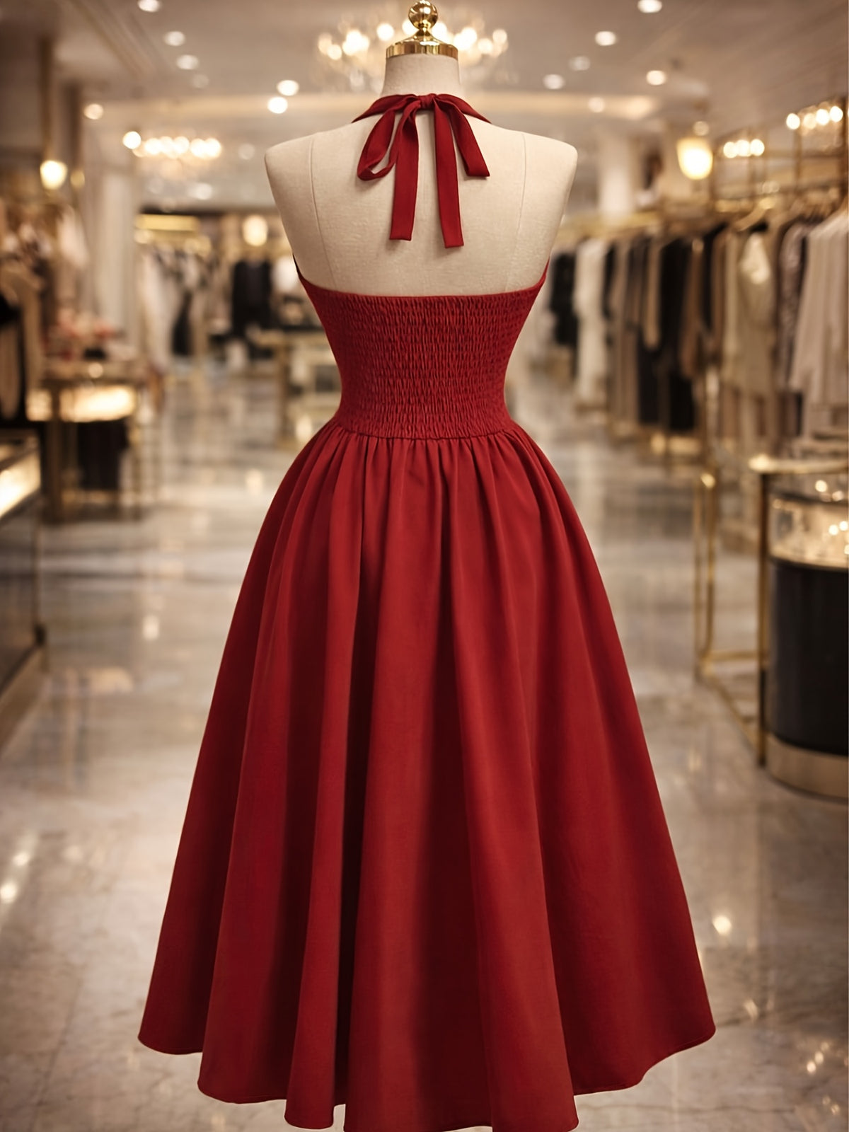 Women'S Elegant Solid Color Halter Neck Back Tie-Up Ruched Bust Waist-Cinching Slim Fit Flared Dress Suitable for New Year Valentine'S Day Party Graduation Gift Wedding Engagement Date Evening Banquet Bridesmaid Gown - Red