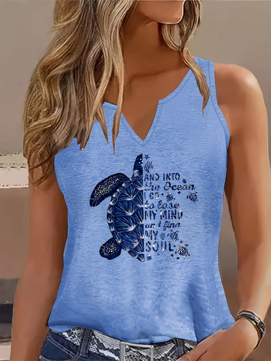 Sleeveless V-Neck Casual Tank Top with Letter Print, Perfect for Summer And Spring, Women'S Apparel - Blue
