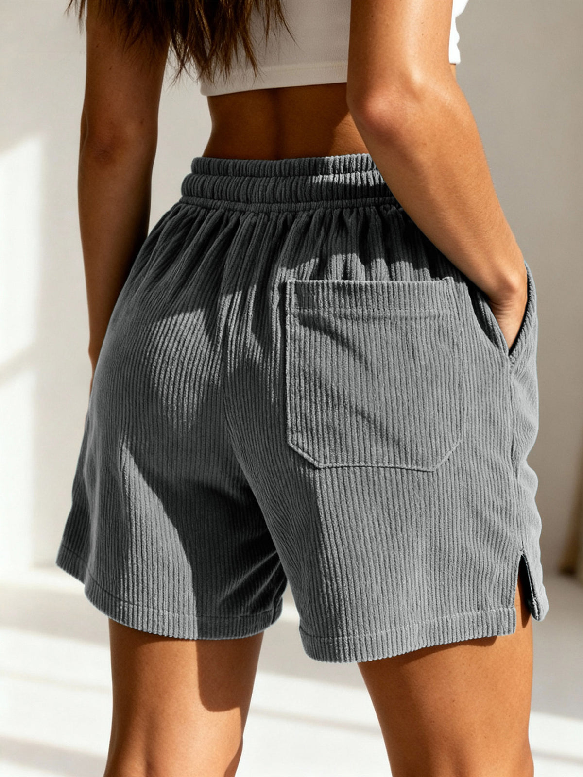 Women'S New Casual Corduroy Shorts, Waist Drawstring, Summer Thin Fashion Shorts Suitable for Daily Leisure, Wear - Grey