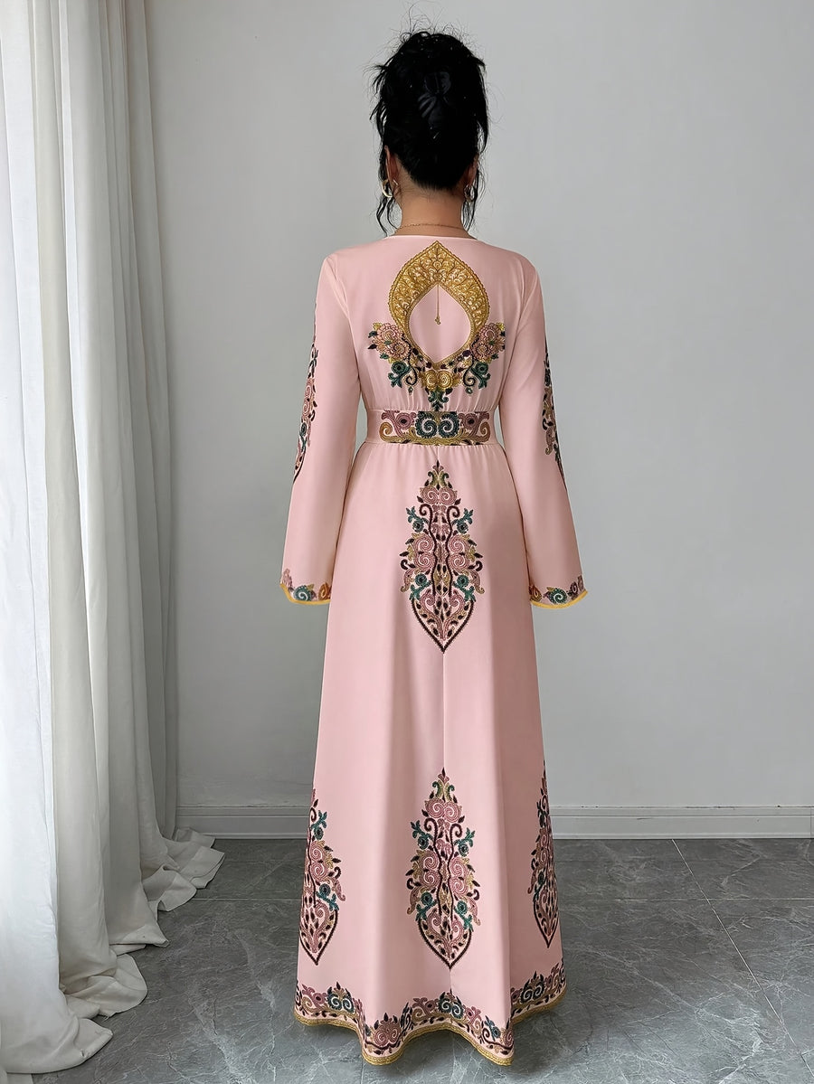 Women'S Summer Autumn Bride, Retro Elegant Dignified Wedding Non- Bohemian Middle Eastern, Printed Design, V-Neck Long Sleeve Batwing Sleeve Loose Flowing Long Wrap Dress, Golden Contrast Design Court Style Dress Suitable for Vacation, Party - Pink