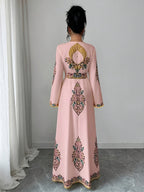 Women'S Summer Autumn Bride, Retro Elegant Dignified Wedding Non- Bohemian Middle Eastern, Printed Design, V-Neck Long Sleeve Batwing Sleeve Loose Flowing Long Wrap Dress, Golden Contrast Design Court Style Dress Suitable for Vacation, Party - Pink