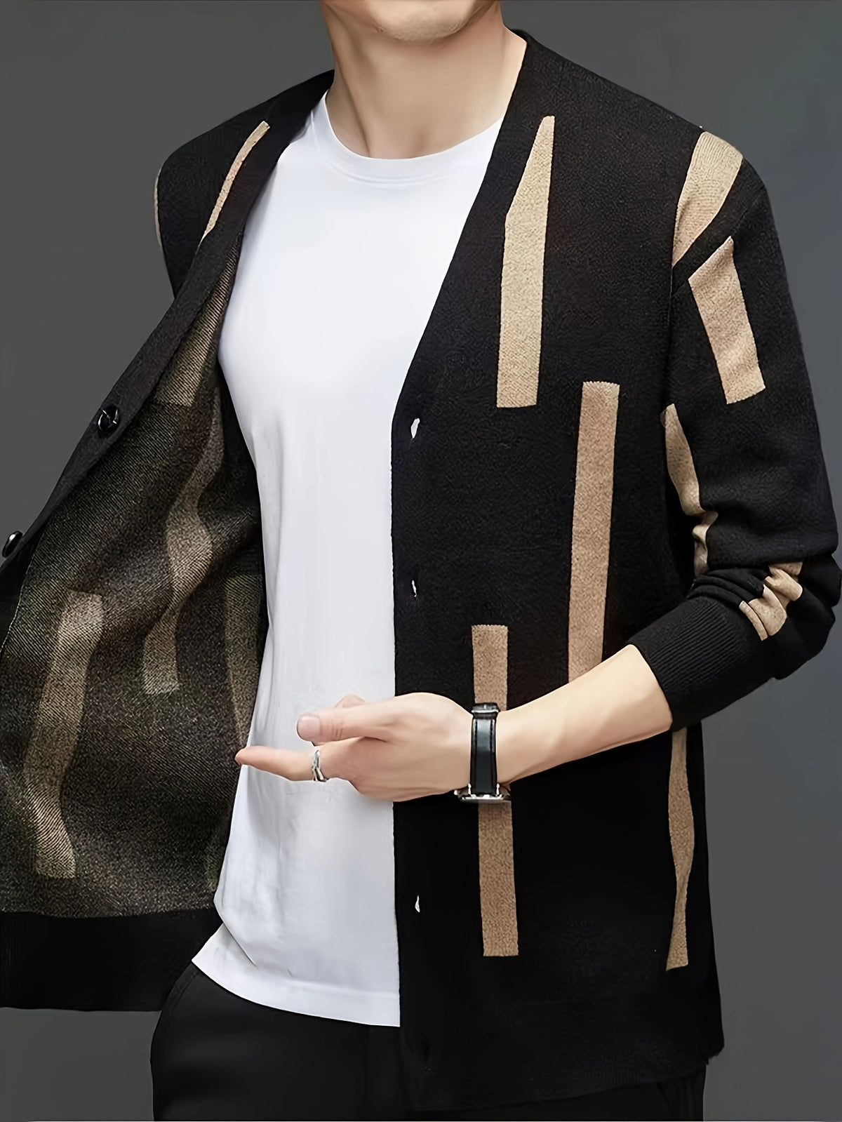 Men's Color-Block Vertical Stripe V-Neck Cardigan, Light Luxury Business Autumn/Winter Knitted Outerwear, Slim-Fit Long-Sleeve Sweater - Black