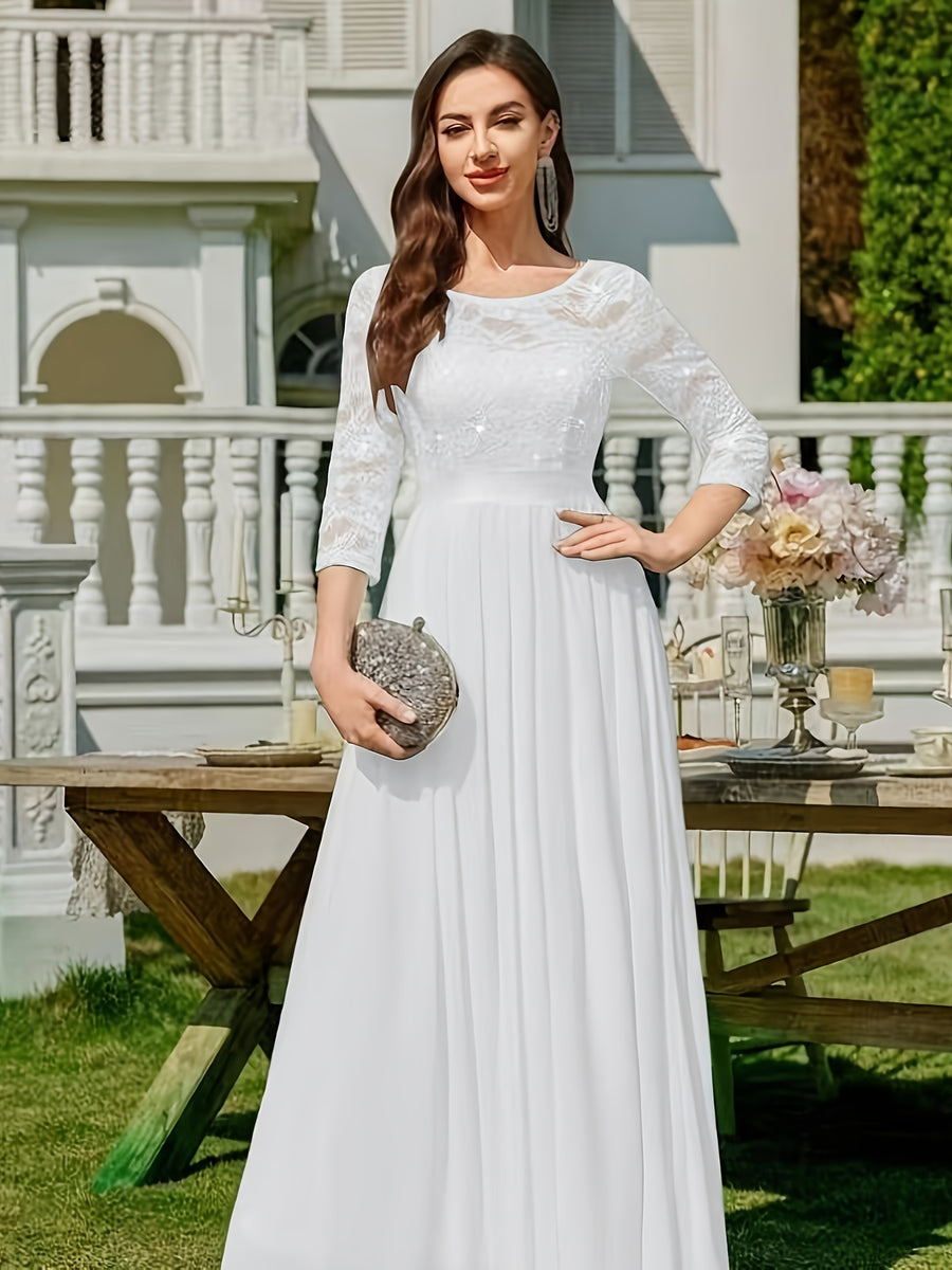 Women'S Elegant Lace Sequin Dress, Waist Tapered Satin Ribbon Patchwork, Underskirt Chiffon Pairing, Showcasing Flowy - Milky