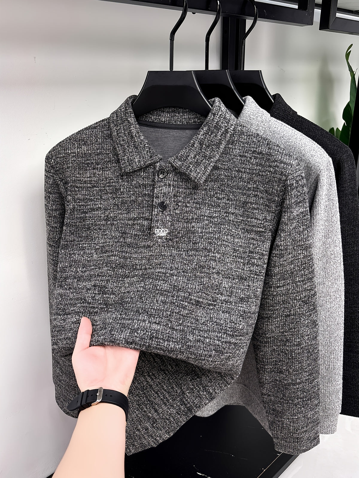 Autumn Winter Fashion Warm Men'S Long Sleeve Polo Shirt - Mist Rock Hemp Ash Gray