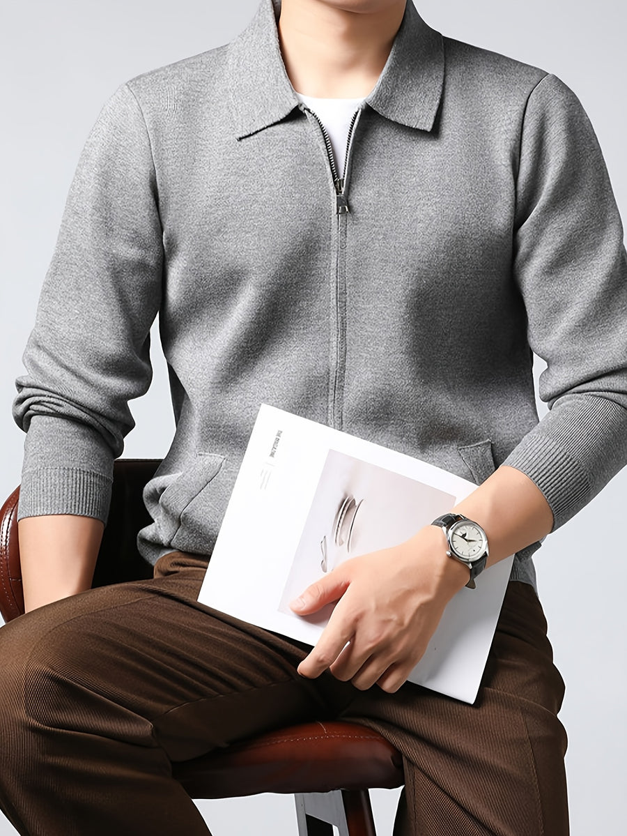 Men'S Lapel Full-Zip Long Sleeve Knit Jacket, Ribbed Cuffs And Hem, Autumn/Winter Style, Casual Commute Wear, Business Casual Style. - SINBOS - Grey