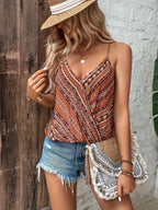 Women'S Elegant V-Neck Floral Print Cami Top, 100% Polyester Slingback Graphic Tee, All-Season Woven Blouse, 90g/m² Fabric Weight - Coffee Brown