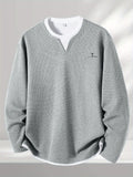 2026 Fashion Brand Print Creative Letter Pattern Mother's Day Waffle 2-in-1 Look Long Sleeve T-Shirt Men's New Casual Loose Outdoor Sports Breathable Oversize Top - Grey