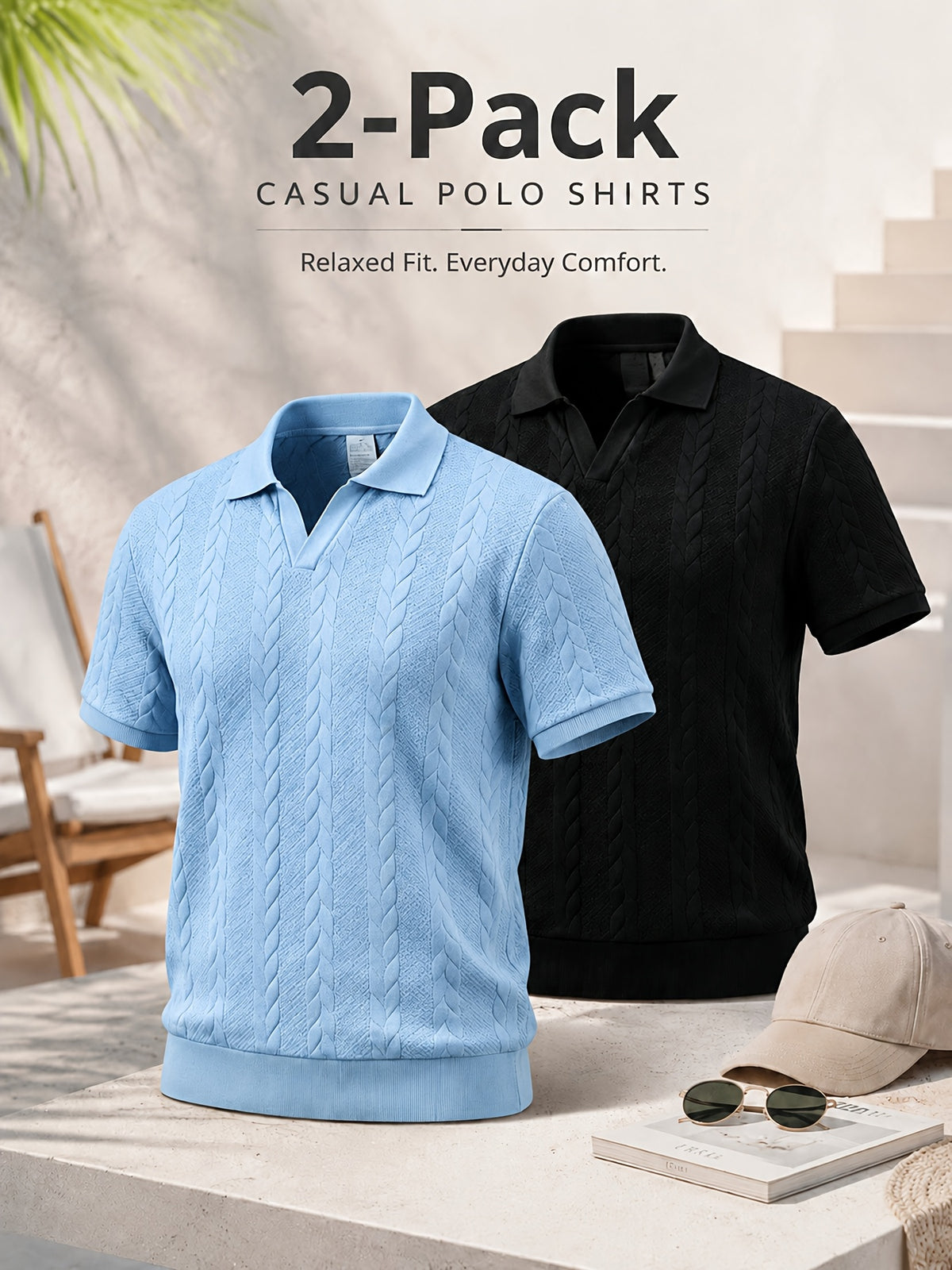2pcs Men's Summer Jacquard Ribbed Lapel Loose Fit T-Shirt Golf Casual Business Versatile Knit Short Sleeve Polo Shirt - Sky Blue+Black