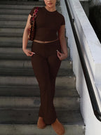 Women'S 2pcs Short Sleeve Top And Wide-Leg Pants Set, Fake Drawstring Waistband, Casual All-Season Outfit, Comfortable Home Wear, Daily Attire, Casual Style, Short Sleeve Top, Women'S Set, Women'S Clothing, Fashion Top, Autumn Women'S Wear - Coffee Color