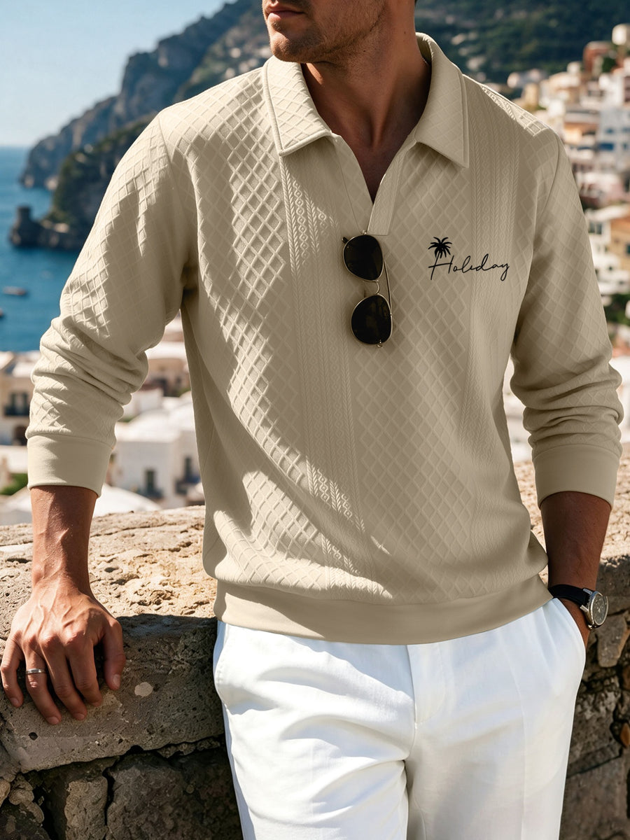 Versatile and Practical Men's Diamond-pattern Long-sleeve Polo Pullover with Lapel Collar, European and American Style, Suitable for Commuting and Outings (texture May Vary) - Apricot