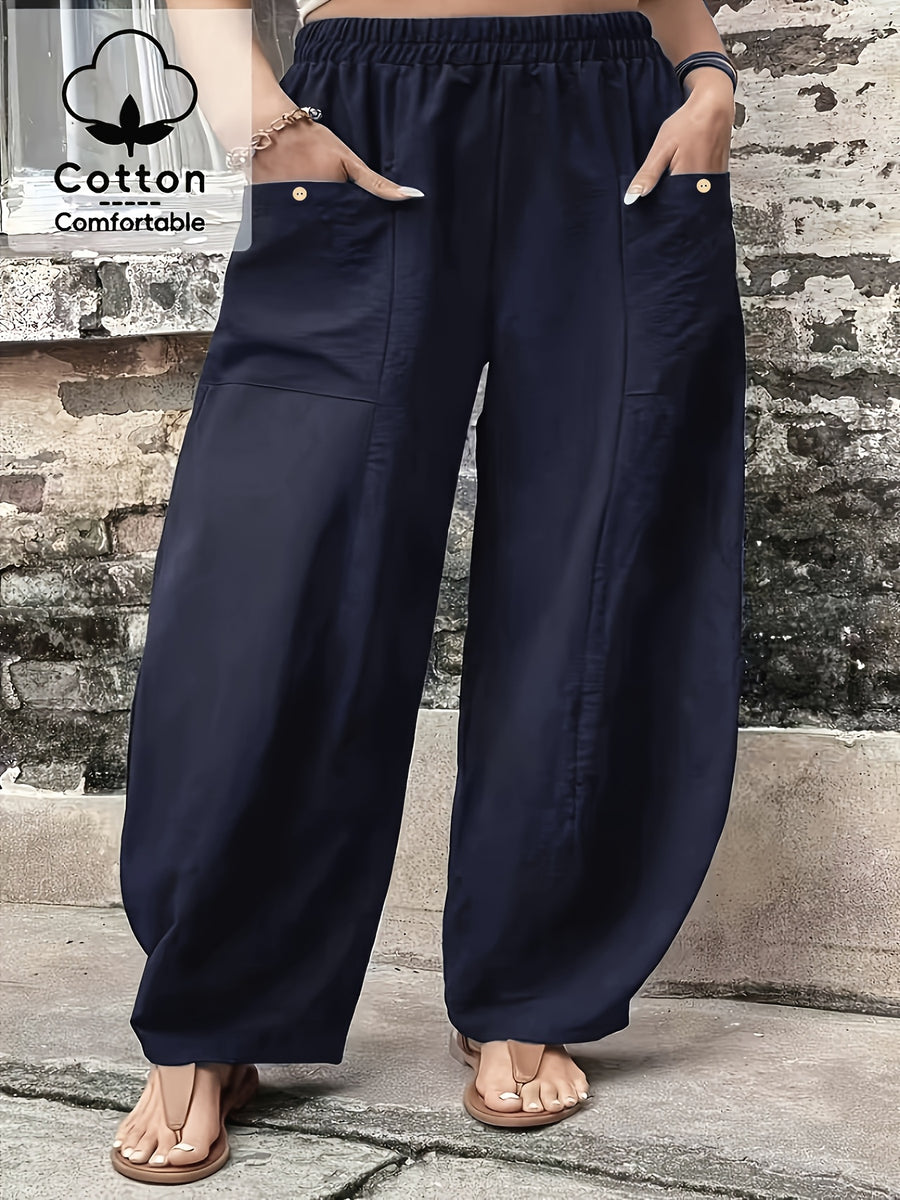Plus Size, Plus Size Stylish Women's Solid Color Casual Pants, Elastic High Waist with Pockets, Loose Wide-Leg Trousers, Versatile Pants for Commuting and Vacation - Navy Color