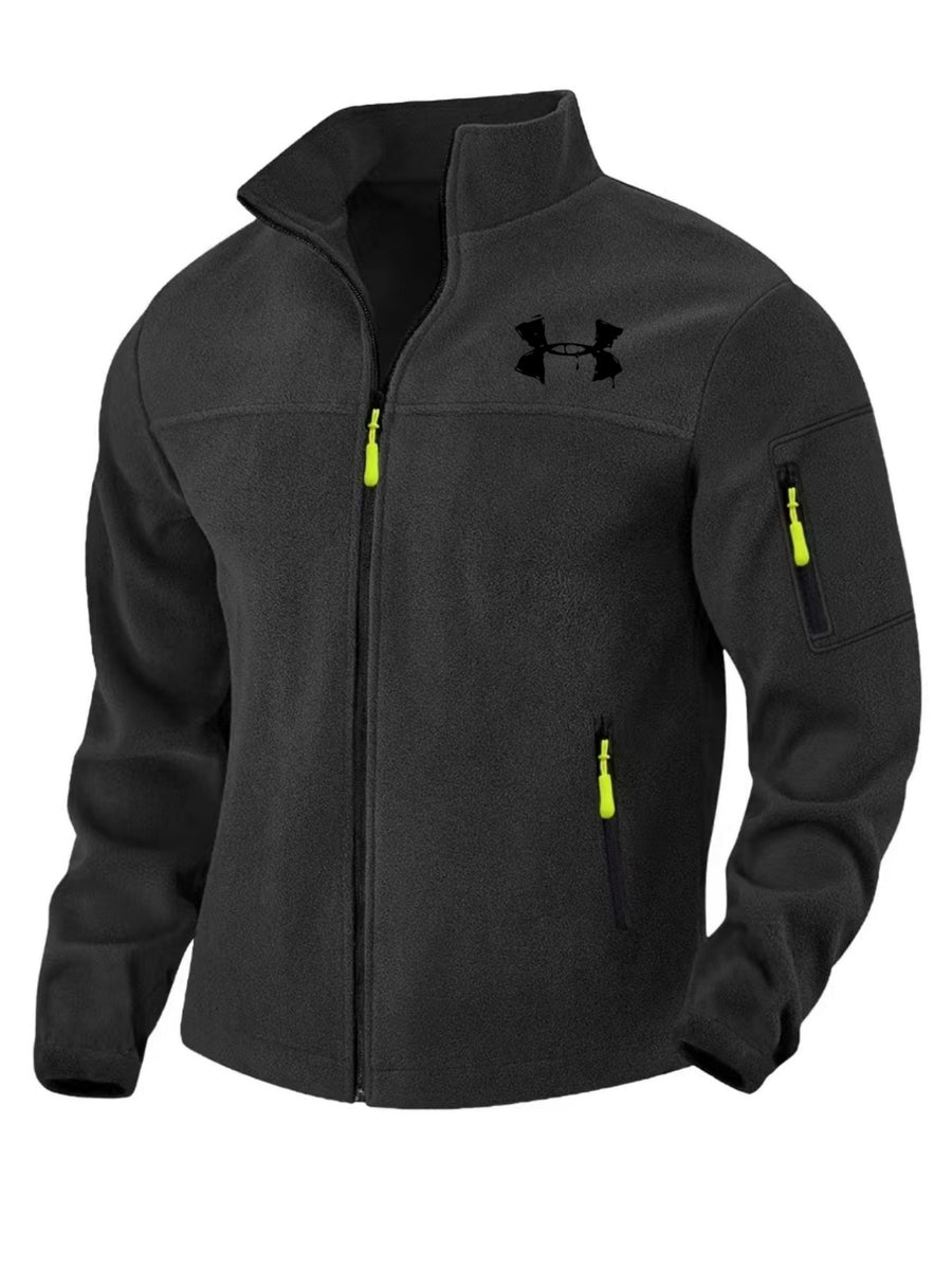 Men'S Autumn Winter Trendy Fleece Jacket, All-Match Style with Multiple Pockets, Casual Commute Top, New Men'S Techwear Stand-Collar Jacket with Full Zipper, Fashionable Print Top - Black