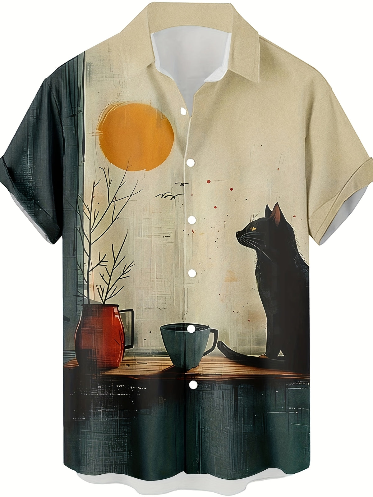 Funny Cat Drinking Coffee Vintage Pattern 3D Print Men'S Casual Shirt Fashionable Individual Hip-Hop Rock Street Hawaiian Shirt - Multicolor