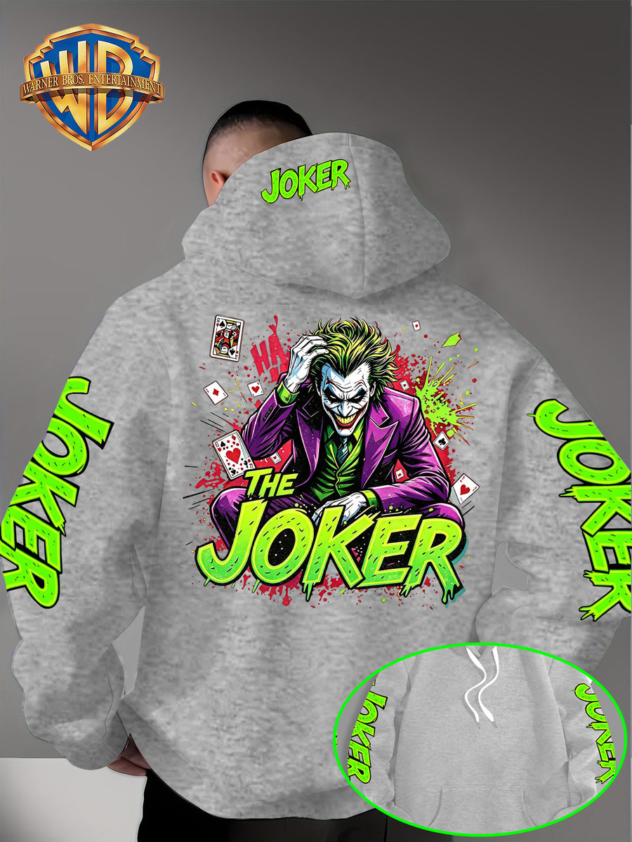 Official Warner Bros. Joker Comic-style Print Featuring Red and Green Ink-splatter Effects and "THE JOKER" Lettering. The Sleeves and Back of the Hood Are Adorned with Green "JOKER" Lettering. This Men's Trendy Printed Hooded Sweatshirt Features - Grey