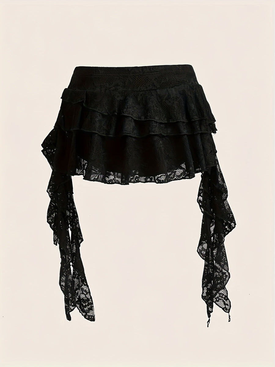 Low-waist Vacation-style Casual Sexy White Lace Ruffle Hem Mini Skirt with Safety Shorts to Prevent See-through. Spring/summer Women's Concert Tiered Wave-edge Mini Skirt, Fashionable Party Y2K A-line Ruffle Tiered Cake Skirt, Suitable for Vacation - Black