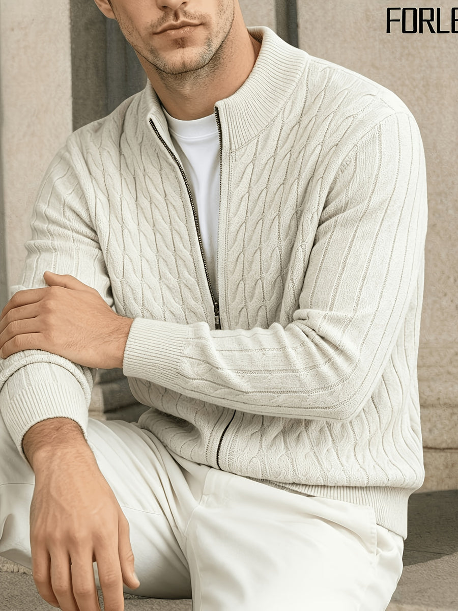 FORLENGKE New Stylish Men's Business Casual Stand Collar Cable Knit Zip Up Cardigan, Soft Warm Long Sleeve Knit Jacket for Fall Winter Office Daily Wear - Ivory White