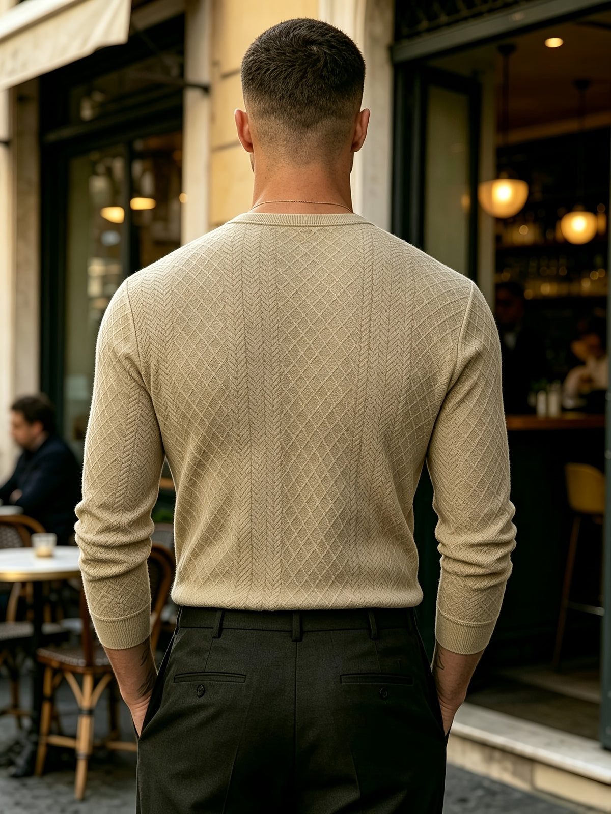 [Josh Mei OBM] Fall Winter Men'S Diamond Jacquard Henley Long Sleeve Sweater, Half-Button Placket Slim Fit Versatile Pullover Top, Suitable for Office, Street And Weekend Casual Wear Soft Knit Top, Multi-Color Options - Khaki