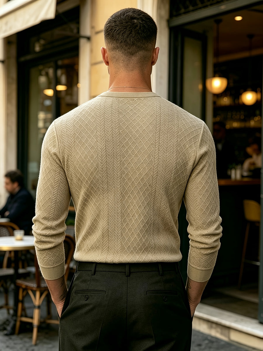 [Josh Mei OBM] Fall Winter Men'S Diamond Jacquard Henley Long Sleeve Sweater, Half-Button Placket Slim Fit Versatile Pullover Top, Suitable for Office, Street And Weekend Casual Wear Soft Knit Top, Multi-Color Options - Khaki