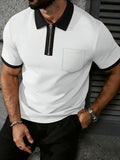 High-quality Men's Design Zippered Short-sleeved Polo Shirt, Contrasting Color Collar Design, Soft Fabric, Comfortable Experience, Versatile and Trendy Style, Suitable for Various Occasions Such as Traveling, Shopping, Casual Walking, Etc. - White