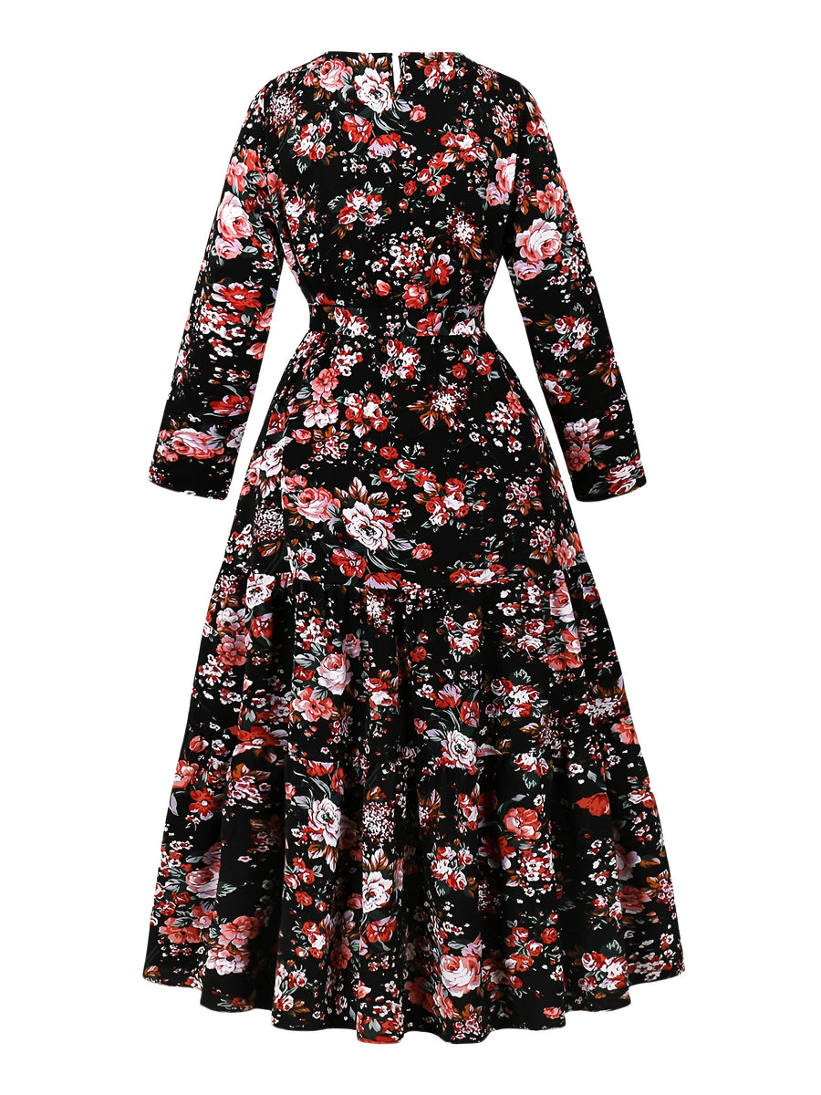 Elegant Long Floral Print Dress with Waist Cincher - Perfect for Parties, Spring/Fall, Adult, Floral Print Dress | Floral Pattern Dress | Cinched Waist Design - Mixed colors