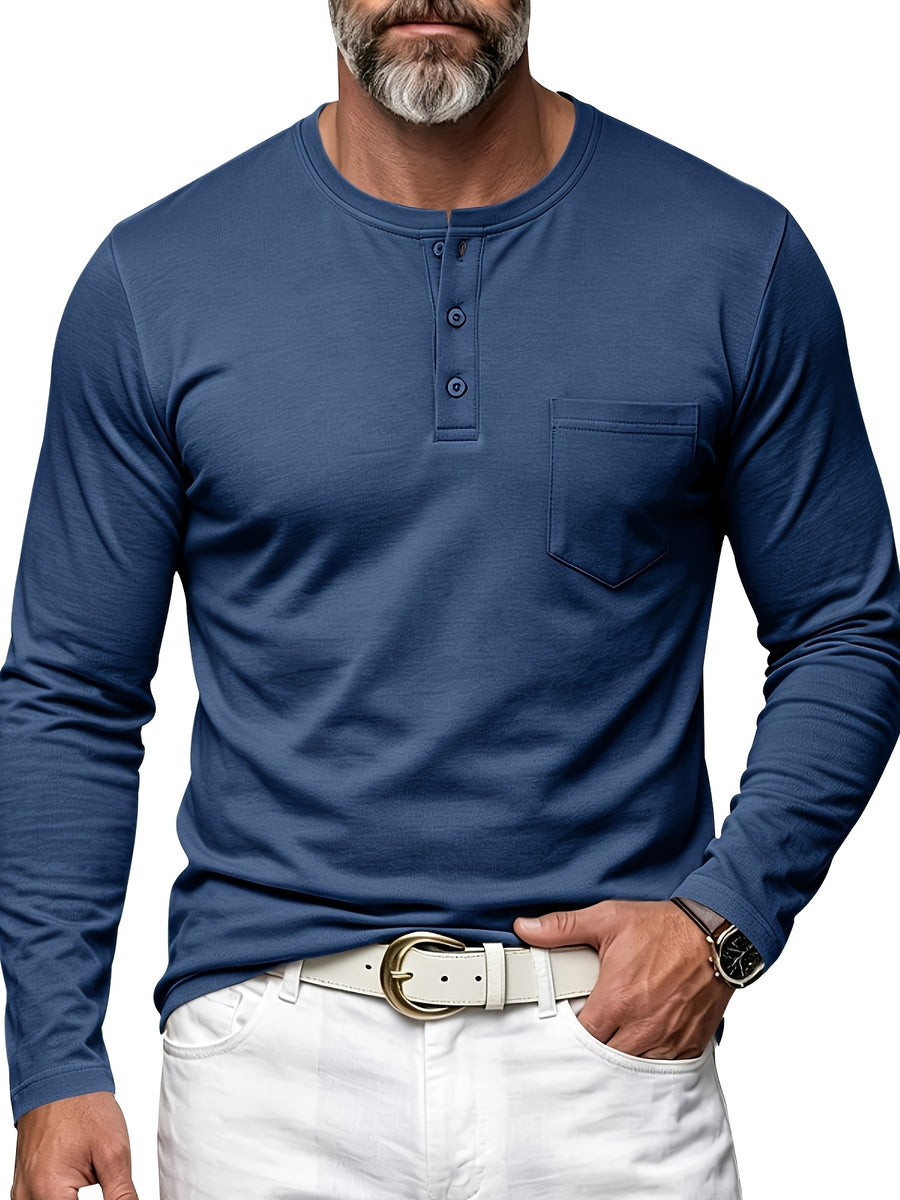 Men's Henley Neck Long Sleeve T-Shirt, Spring/Autumn Three-Button Casual Base Layer, Slim Fit Versatile Top with Left Chest Pocket - Navy Color