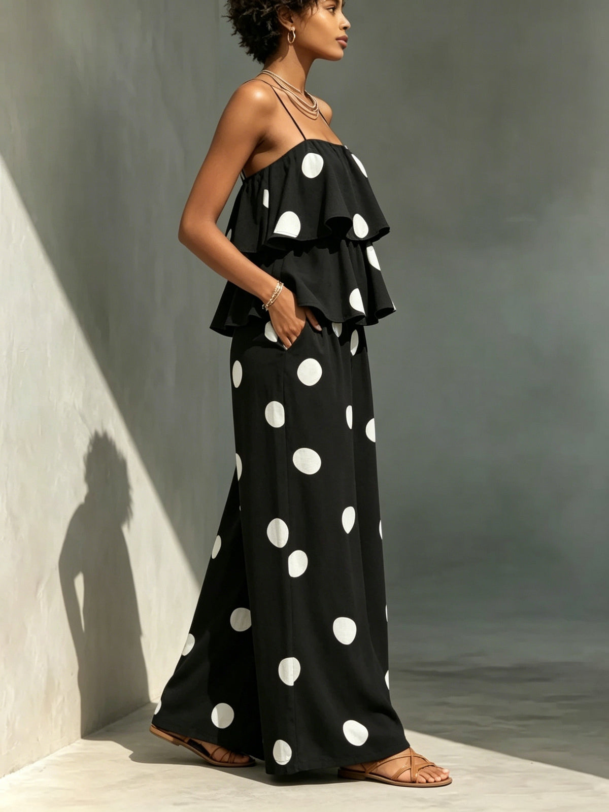 Women'S Elegant Printed Polka Dot Cake Layer Jumpsuit - Black