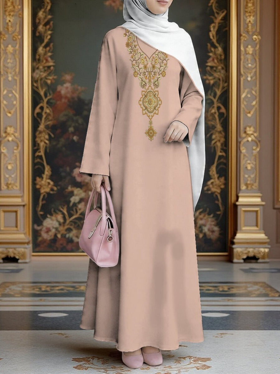 New Middle Eastern Style Muslim Elegant Robe, Featuring Middle Eastern Ethnic Print And Long Dress Design, Suitable for Eid Al-Fitr And Eid Al-Adha, This Loose, Comfortable, And Breathable Long Sleeve Dress Is Perfect for Commuting And Vacation - Mixed colors