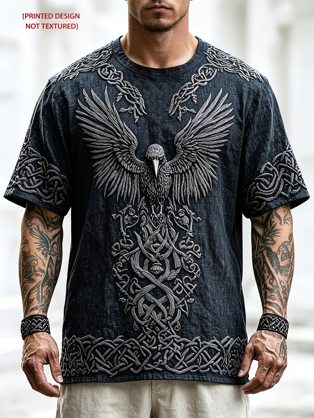 [Print Design - No Texture] Navy Blue Nordic Mythology Print T-Shirt - Raven Celtic Knot Full-Length Color Block Short Sleeve - Lightweight Breathable Fabric - Summer Casual Sporty Top, Dark Vintage Style, Maximalist European and American Men's - Mixed colors
