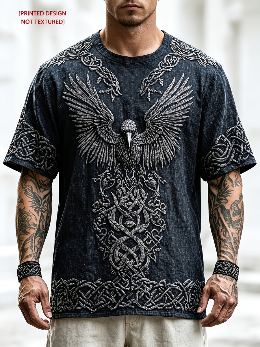 [Print Design - No Texture] Navy Blue Nordic Mythology Print T-Shirt - Raven Celtic Knot Full-Length Color Block Short Sleeve - Lightweight Breathable Fabric - Summer Casual Sporty Top, Dark Vintage Style, Maximalist European and American Men's - Mixed colors